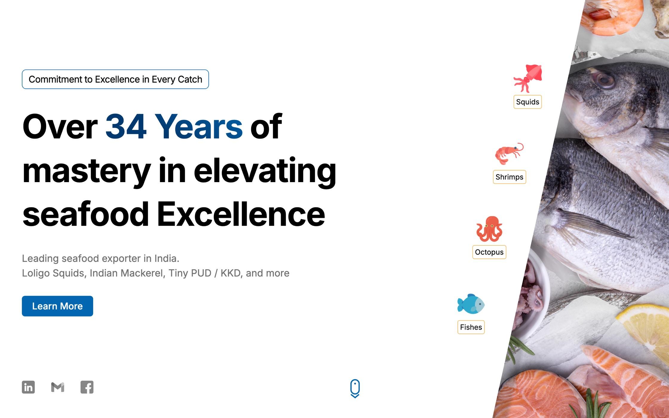 Home page of gausiyaexports.com: a headline about 34 years of seafood exports beside a photo of fresh fish, prawns and salmon