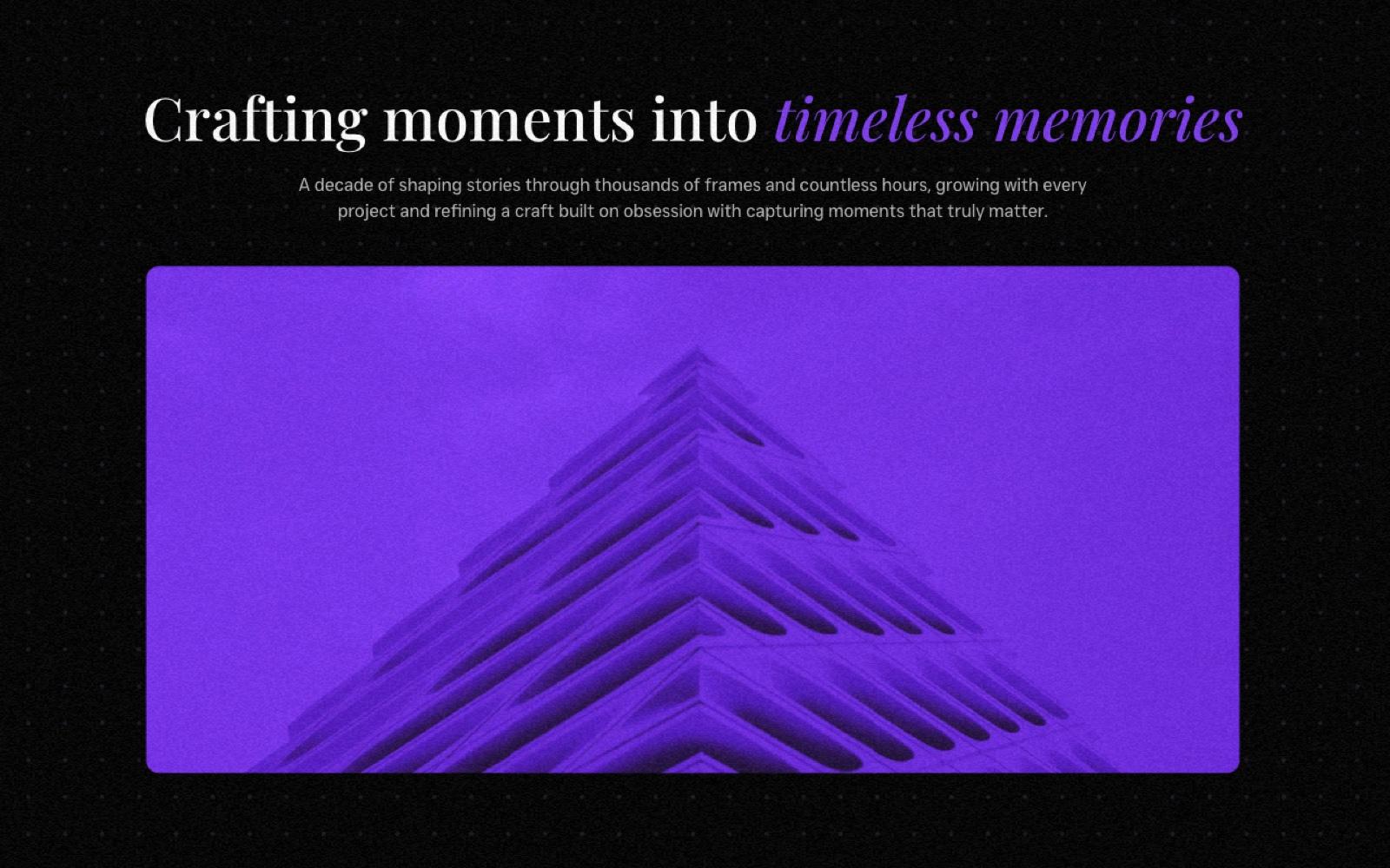 A section of tanmoynath.com: the heading Crafting moments into timeless memories over a purple-toned picture of a stepped tower, on a dark page