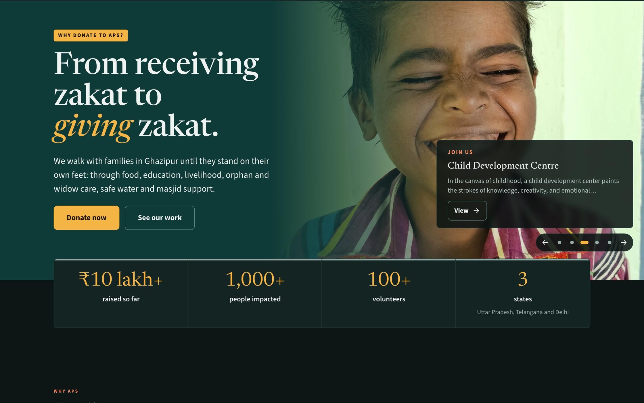Home page of apsforhumanity.com: a dark green page with the headline From receiving zakat to giving zakat, a photo of a laughing child and a row of donation figures